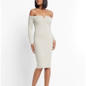 Express Metallic Ribbed Off the Shoulder V-Wire Midi Sweater Dress